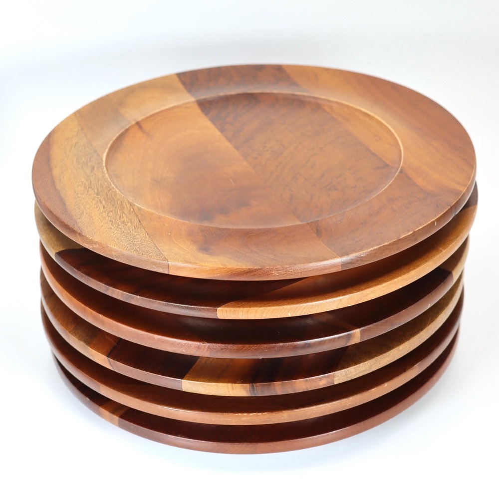 VTG Tropic Art Wood Dinner Plates 12" Set 6 Brown Round Brazil Rustic Chargers